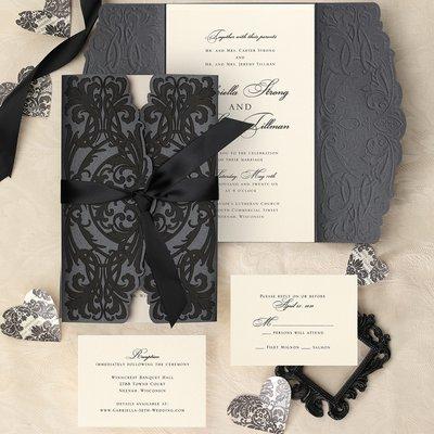 Beautiful embossed black wrap invitation with ribbon