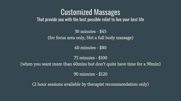 Prices: Recieve $10 off your first massage