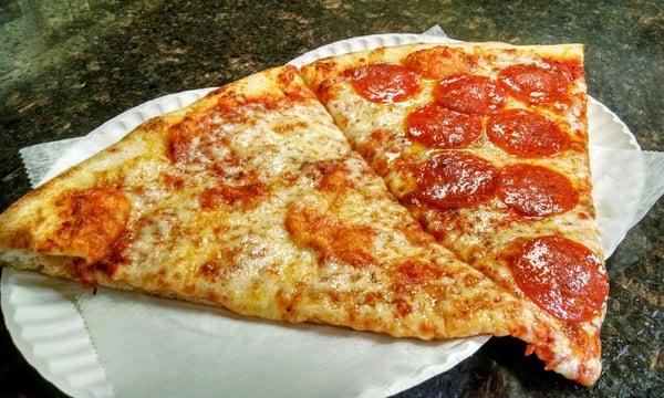 Regular and pepperoni slice. Classic.