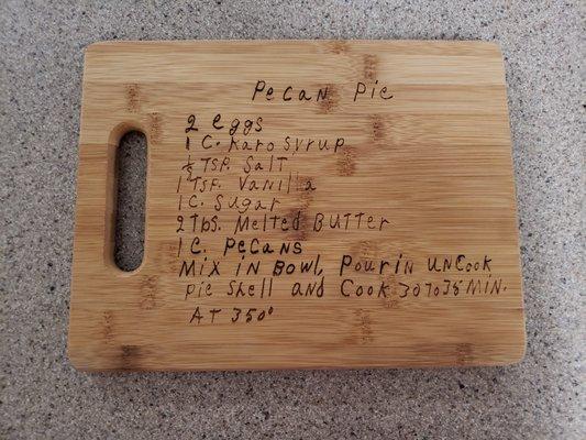 Handwritten recipe cutting boards done with a laser engraver to preserve the original handwriting.