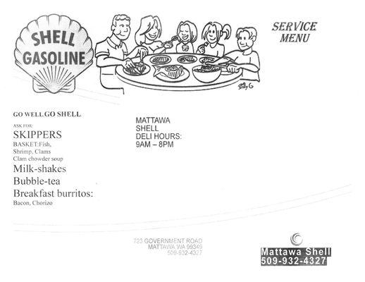 Front of Mattawa Shell's menu with hours and contact information.