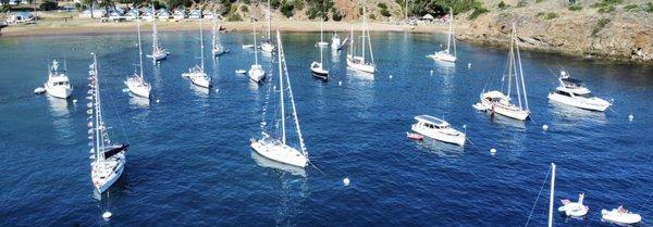 Some of Los Angeles Yacht Club's moorings at the Club outpost at Howland's Landing, Catalina Island.