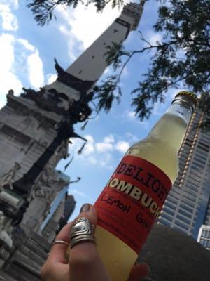 Enjoying a delicious Primal Delights kombucha on Monument Circle!