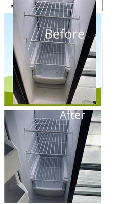 Messy, stained fridge turned into a sparkling clean, perfectly organized space. Garcia's Cleaning Services transforms it!