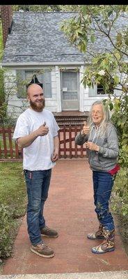 Thumbs up approval on her new brick path and brick porch