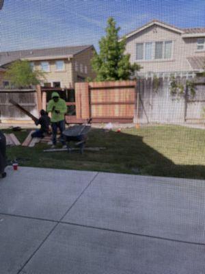 Crew hard at work rebuilding our backyard fence