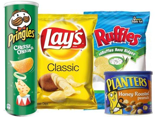 We offer a wide variety of snacks like potato chips, peanuts and more.