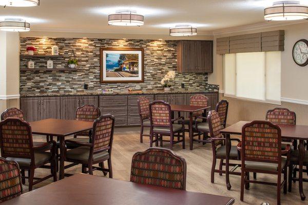 Brittany House has newly remodeled great rooms where residents gather for activities and dining.