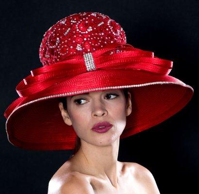 Red satin wide brim dress hat with rhinestones