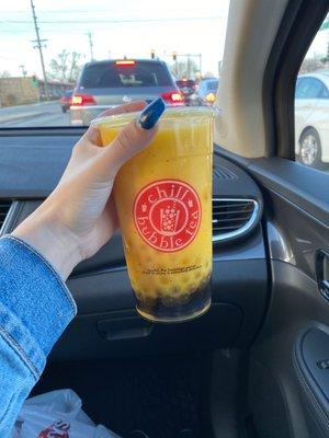 Mango passionfruit smoothie (SO GOOD!) with tapioca and passionfruit boba