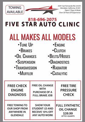 Some of the many deals at Five Star Auto Clinic