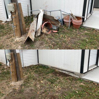 Before and after of a yard cleanup job in Middleton!