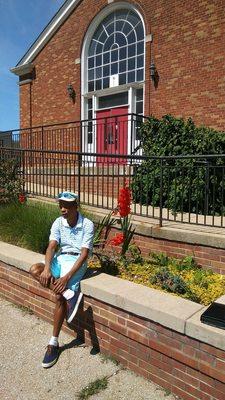 Johnny Q. Bui in front of our Church. Compton Heights Christian Church.