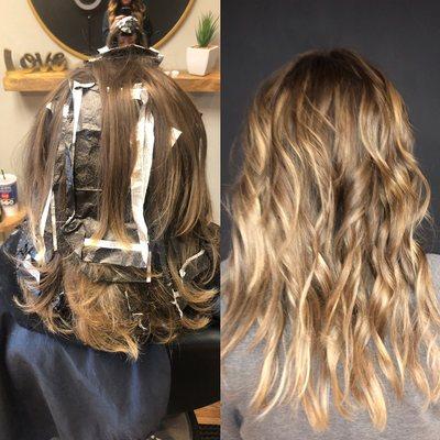 Full head balayage with root smudge, toner,and olaplex, a modern layered, textured cut with beachy wave makes this a happy girl!