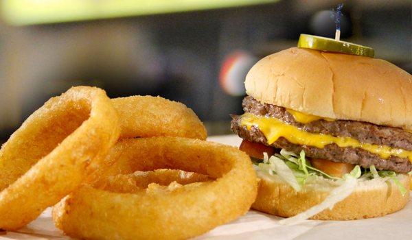 Double Cheeseburger with Beer Battered Onion Rings