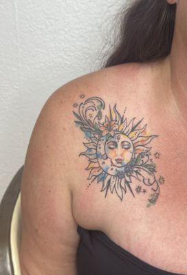 Celestial watercolor tattoo for Dawn (by Karina)