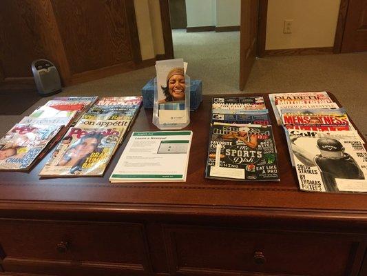 An array of magazines in the waiting area