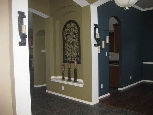 Architectural nook and ceiling painted, from white and woodwork sanded and painted and caulked in.