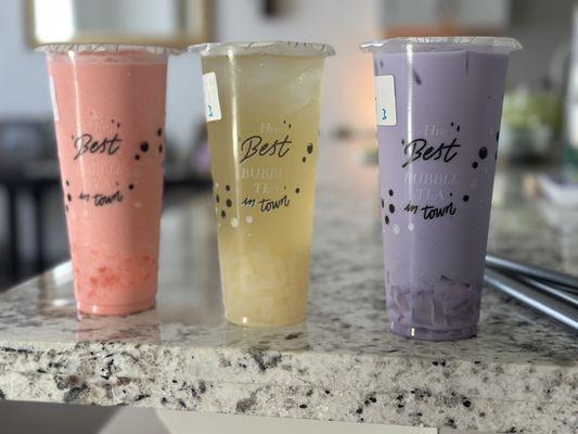 Strawberry Smoothie, Lychee Tea, Taro Milk Tea