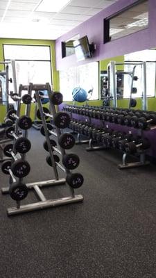 Free weights section. Dumbbells 5-100 pounds, barbells 20-110 pounds.