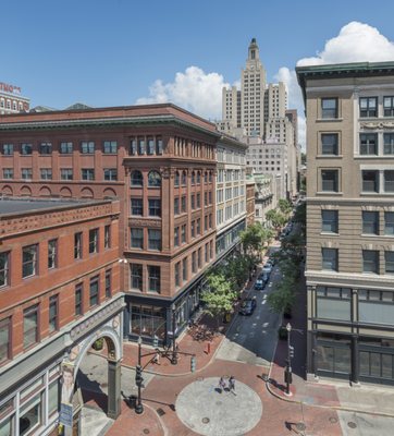 View of the Peerless and Alice buildings from above Westminster Street.