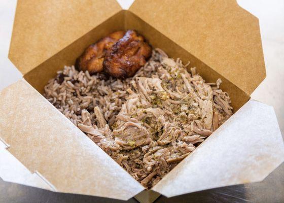 Rice Bowl with Roast Pork(pernil), Rice n Beans, with Sweet Plantains