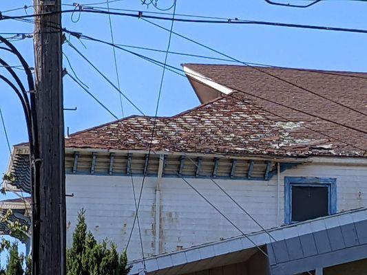 Roof blight, deteriorating structure.  Missing windows, missing downspouts.