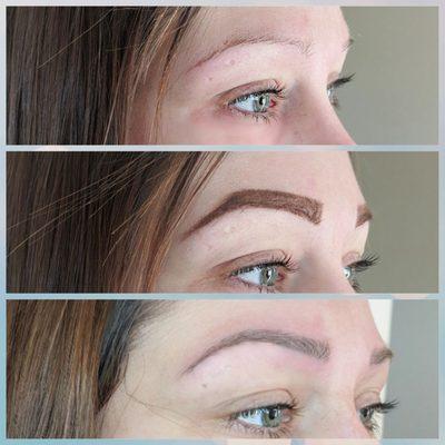 Client before, client filled brow and after microblading!