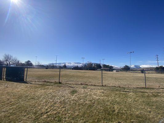 View of mountain. Baseball field.