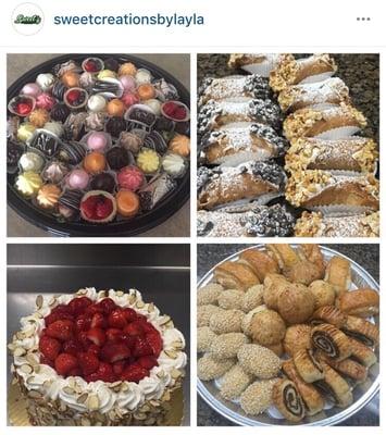 Cookies, bite size cakes, brownies, and cannoli's!