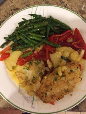 Pan seared cod, sliced potatoes, onions, vinegar peppers, white wine