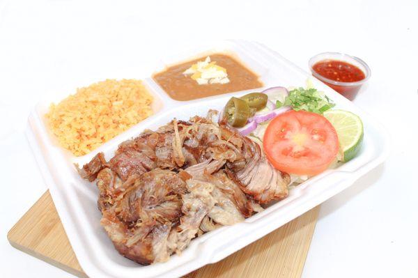 Our specialty combo plate comes with your choice of meat, rice, beans, and salad.