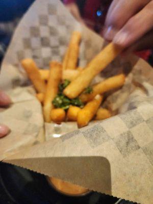 Yucca fries with chimichurri on top and aioli dip underneath. So delish! I devoured the Gringo burger before taking a pic.