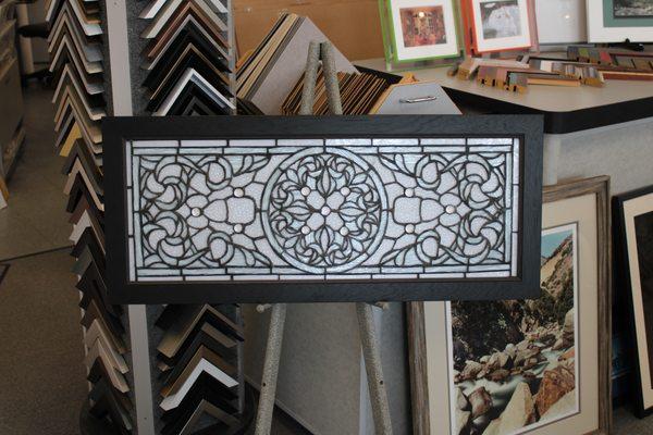 One of our customers had this great leaded glass piece and needed it framed.  Here it is.  Quite nice is what we think!