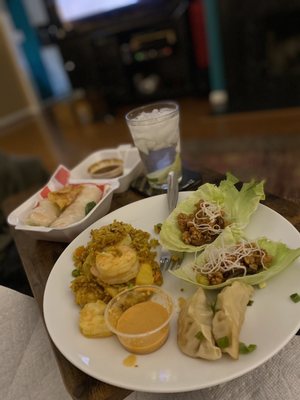 Dumplings, lettuce wraps, shrimp rolls, pineapple fried rice - paid for extra shrimp & chicken. Really delicious!