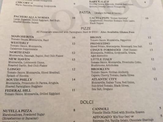 Pizza menu