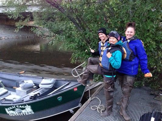 Waders and life jackets on! Ready to head out on the little drifter boat