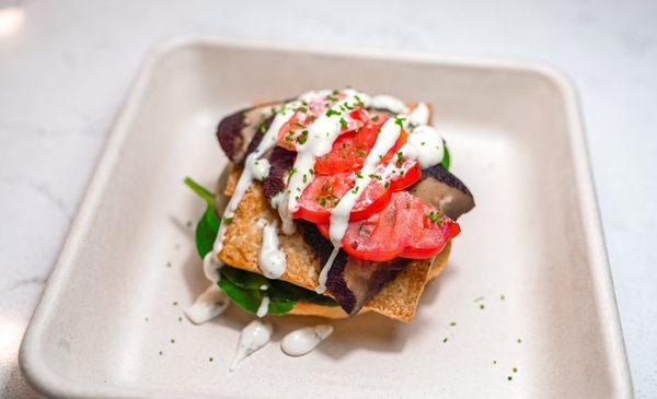 Smoked Tofu and Portabella with spinach and vegan tatziki sauce