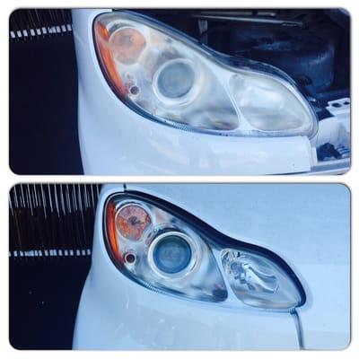 Before and after headlight restoration.