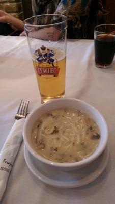 Zywiec and mushroom noodle soup