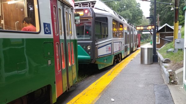 Outbound train at Newton Highlands MBTA Station