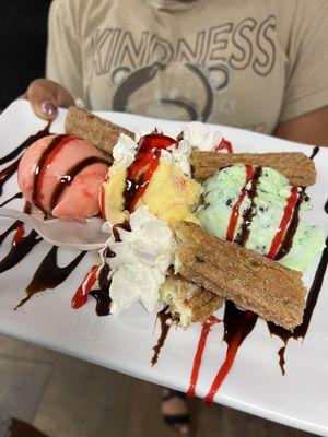 Churro with guayaba mango/ pineapple and mint chocolate chip