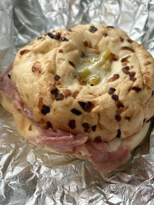 Steamed onion bagel with the Italian Job fixins