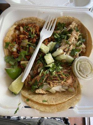 Tacos: chorizo, carnitas, chicken - so tender, so good !