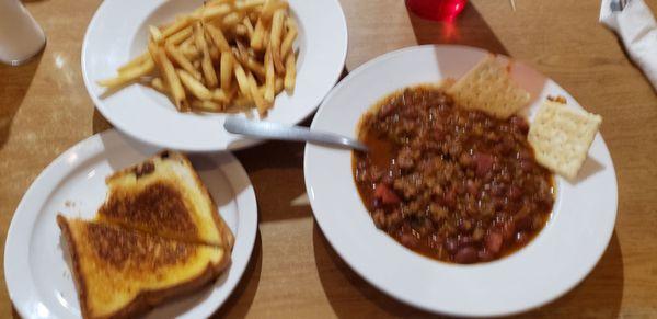 Grilled cheese, French fries and  chili