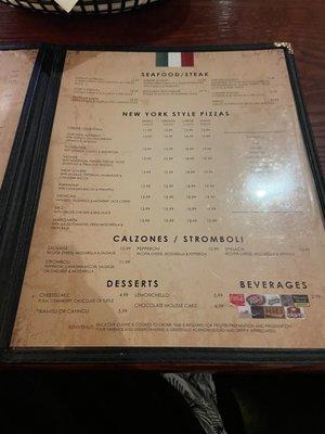 Dessert and pizza menu