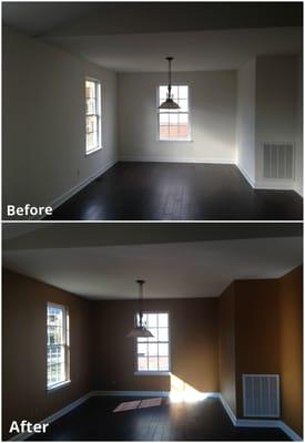 Before & after picture of a dining room.