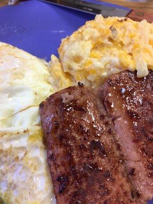 #1 2 eggs over easy, smoked sausage, hash brown casserole and Rye toast