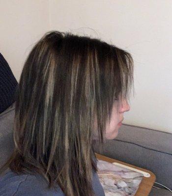 My hair after the color was "fixed" completely splotchy and uneven.