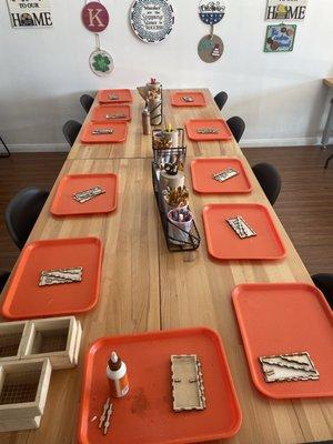 Getting ready for a Girl Scout Workshop. We have plenty of small hammers for small hands, and plenty of space to spread out and work!